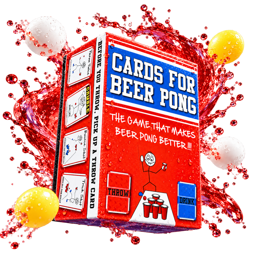 Cards For Beer Pong surrounded by red splashes and ping pong balls