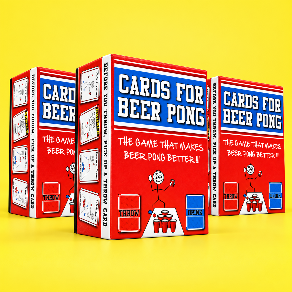 Three individually boxed Cards For Beer Pong games on a yellow background